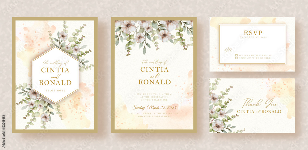 white flowers and leaves arrangement watercolor on wedding invitation background