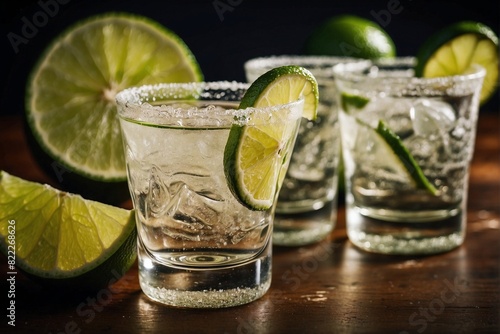 Two glasses filled with tequila, sliced lime. Tequila with Lime