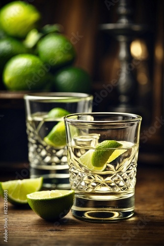 Two glasses filled with tequila, sliced lime. Tequila with Lime
