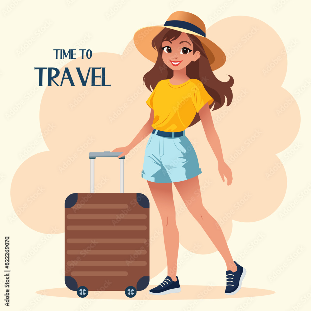 Vector cartoon illustration of a cheerful girl in a hat and comfortable summer clothes with a suitcase. Poster design time to travel.
Vector cartoon illustration of a cheerful girl in a hat and comfortable summer clothes with a suitcase. Poster design time to travel.