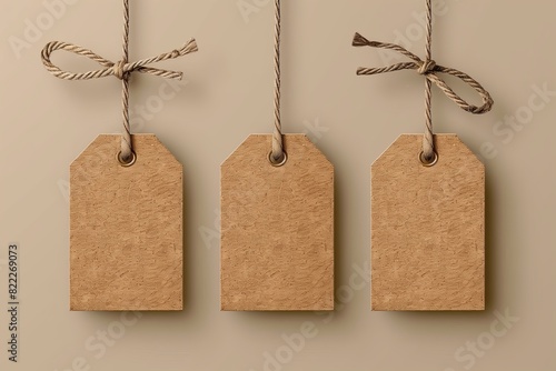 Cardboard tags hanging on linen thread vector illustration.