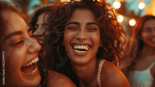 Friends and family laughing and embracing each other during a festive gathering, capturing the warmth and happiness of human connection as loved ones share moments of joy and togetherness. © P