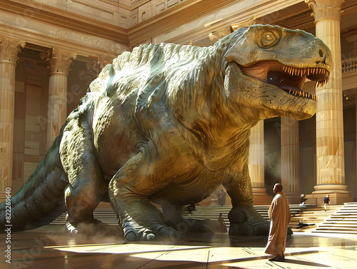 2D Illustration: Monumental Sculpture of Colossal Paleozoic Creature Dwarfing a Human Figure, Evoking Awe and Wonder with Baroque Architecture photo