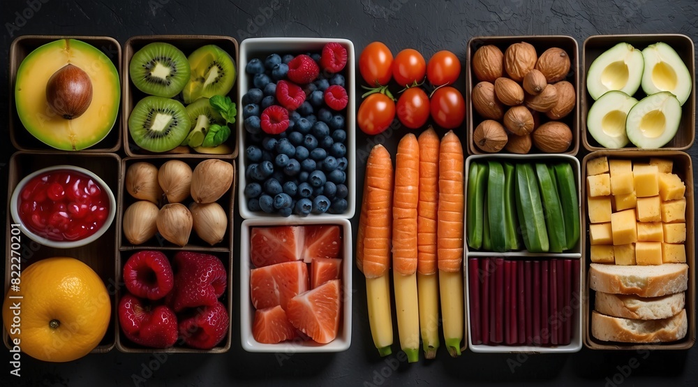 A vibrant display of healthy foods arranged symmetrically on a dark surface, illustrating balanced diet concepts A vibrant display of healthy foods arranged symmetrically on a dark surface, illustrating balanced diet concepts