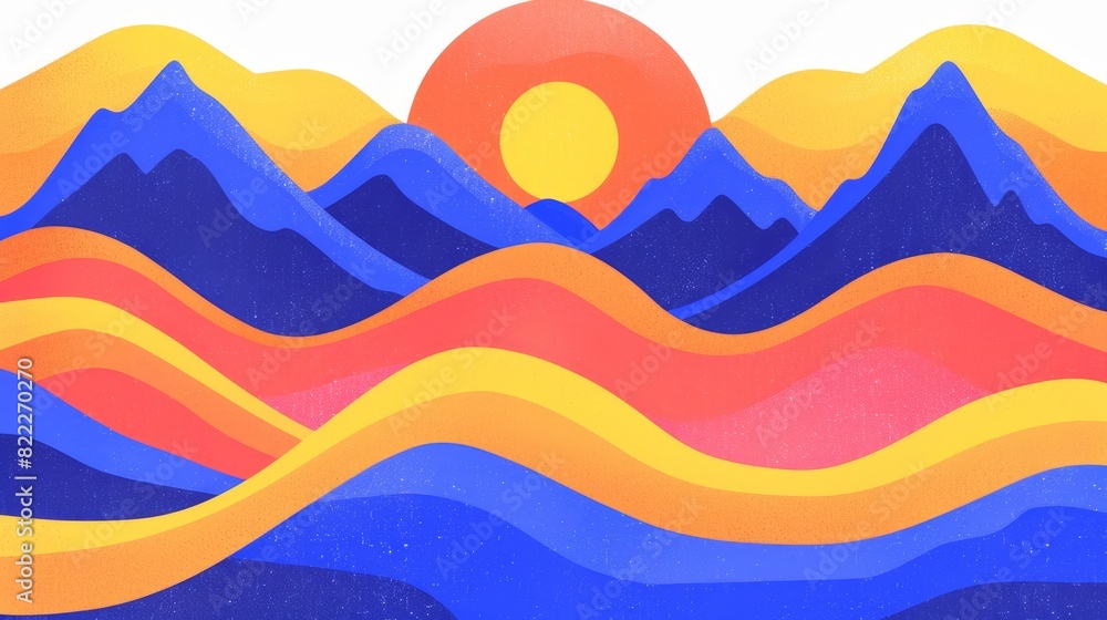 Stylized, colorful landscape with the following elements Stylized, colorful landscape with the following elements