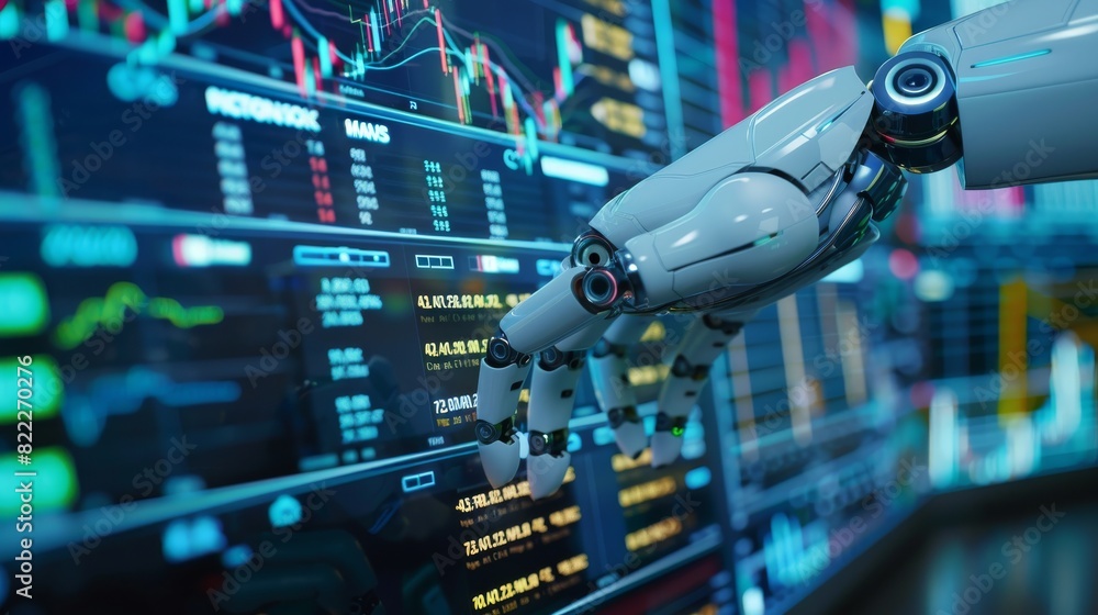 Close-up of a Modern AI Robot's Hand Touching a Digital Screen with Complex Stock Trading Software
Close-up of a Modern AI Robot's Hand Touching a Digital Screen with Complex Stock Trading Software