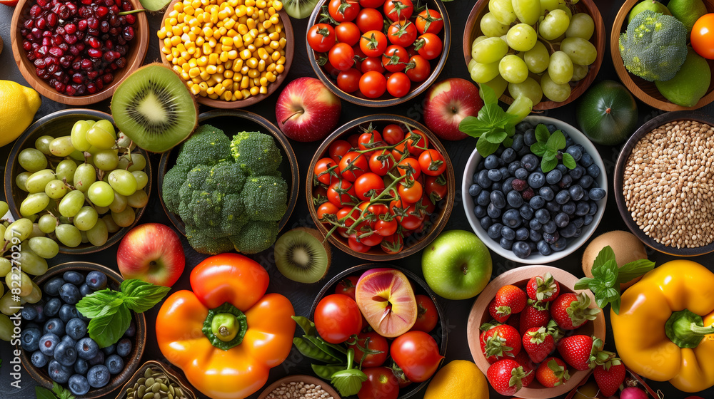 Colorful fruits, vegetables, and whole grains arranged on a table, emphasizing the importance of nutritious eating for overall health and vitality, capturing the abundance of fresh, wholesome foods. Colorful fruits, vegetables, and whole grains arranged on a table, emphasizing the importance of nutritious eating for overall health and vitality, capturing the abundance of fresh, wholesome foods.