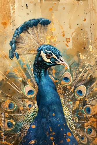 Elegant peacock artwork with vibrant colors, showcasing detailed feathers and a golden background. Perfect for artistic and decorative projects.