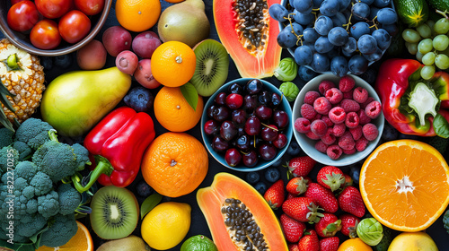 Colorful fruits  vegetables  and whole grains arranged on a table  emphasizing the importance of nutritious eating for overall health and vitality  capturing the abundance of fresh  wholesome foods.