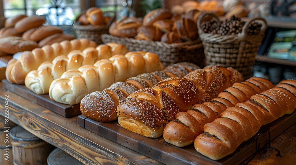 Freshly Baked Bread Station Showcasing an Assortment of Wholesome Loaves and Rolls