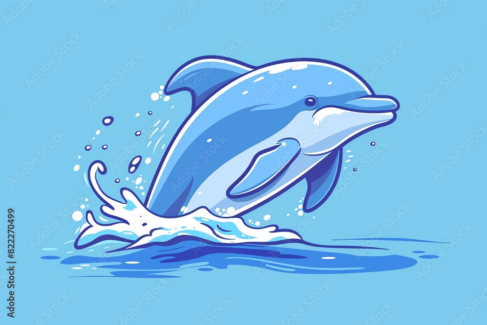 Fototapeta premium Illustration of a playful dolphin jumping out of the water against a blue background, emphasizing marine life and oceanic themes.