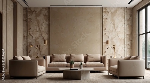 Large beige taupe lounge home, office. Empty wall in the texture of plaster wallpaper or ivory microcement or silk stucco background © MochSjamsul