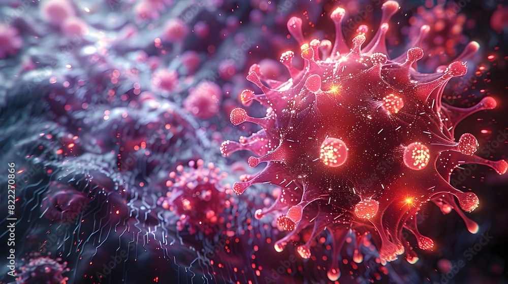 Fototapeta premium Glowing Microscopic Viral Structure Bursting with Futuristic Energy and Science