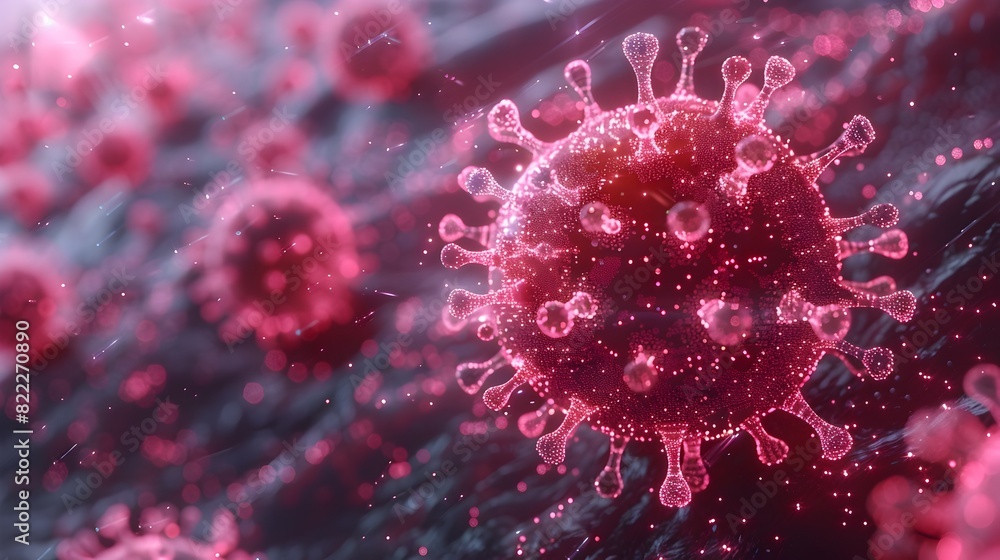 Fototapeta premium Glowing Red and Pink Coronavirus Cells in Abstract Digital Microscopic Laboratory Setting