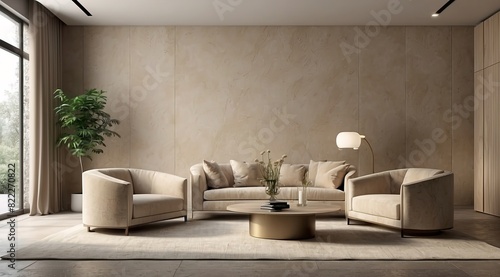 Large beige taupe lounge home, office. Empty wall in the texture of plaster wallpaper or ivory microcement or silk stucco background photo