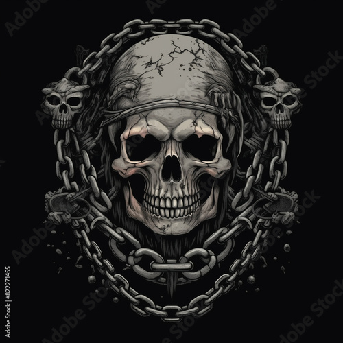 gray skull and chain for illustration clothing design, black background,