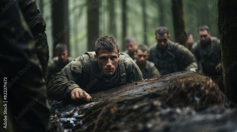 Soldiers crawling through the mud during a rigorous military exercise, illustrating endurance and teamwork in a natural setting