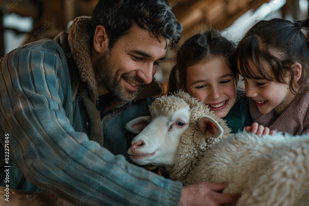 Happy family with smile on their face visiting a farm, interacting with a sheep Happy family with smile on their face visiting a farm, interacting with a sheep