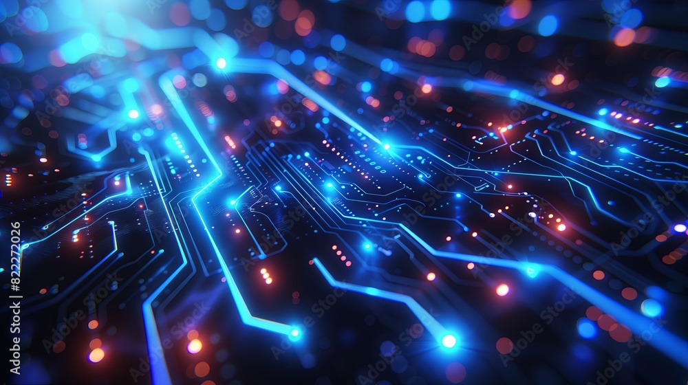 Obraz premium Futuristic Blue Circuit Board with Glowing Digital Transmission Lines