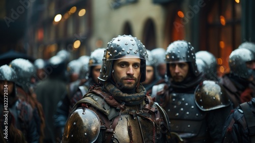 A medieval knight stands focused amid fellow armored soldiers