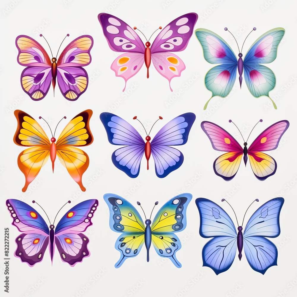 A colorful collection of nine intricately designed butterfly illustrations set against a white background.