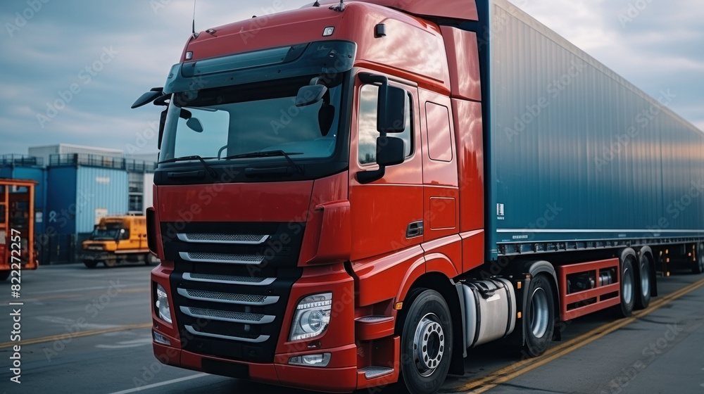 A vibrant red semi truck is parked on a busy cargo terminal during dusk A vibrant red semi truck is parked on a busy cargo terminal during dusk