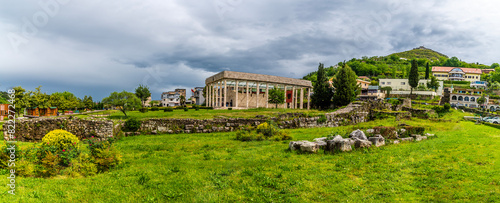 A panorama view across the ancient city ruins of Lissu, the Skanderbeg memorial and the castle in Lezhe, Albania in summertime photo