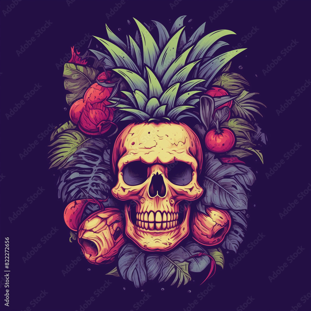 illustration of a skull with pineapple leaf hair, for clothing design