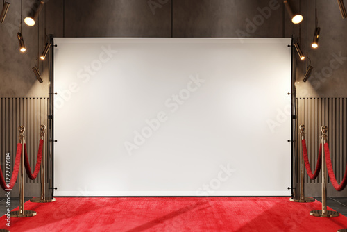 Backdrop banner with red carpet mockup. 3D rendering photo