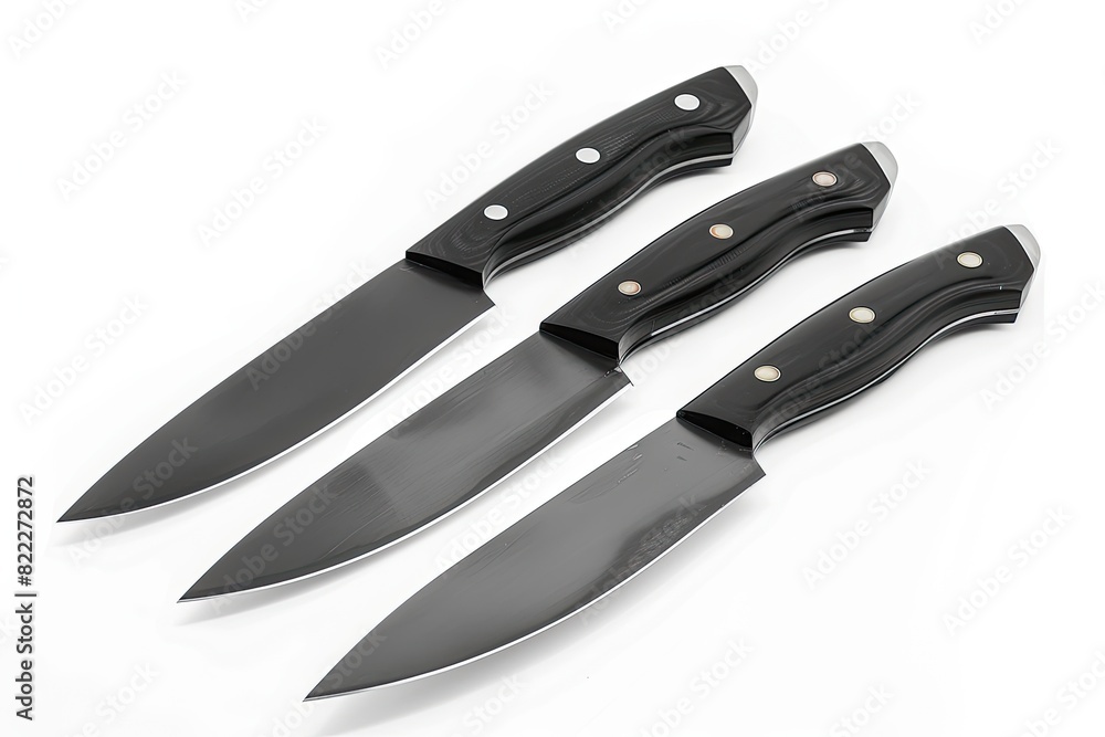 Obraz premium Set of high-quality kitchen knives with sharp blades on a white background