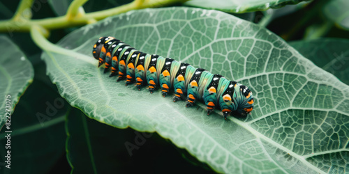 Close-up of an exotic multicolored caterpillar on a green leaf © IndigoElf
