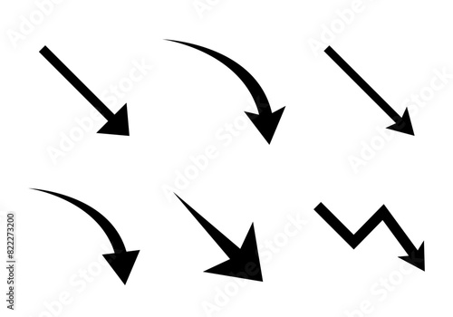 Curved down arrow icon set. Decrease, bankrupt, loss concept