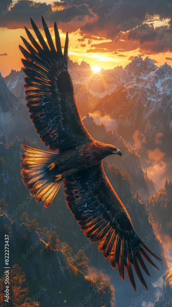 Obraz premium Majestic eagle soaring over mountainous landscape during a vibrant sunset, symbolizing freedom, strength, and natural beauty.