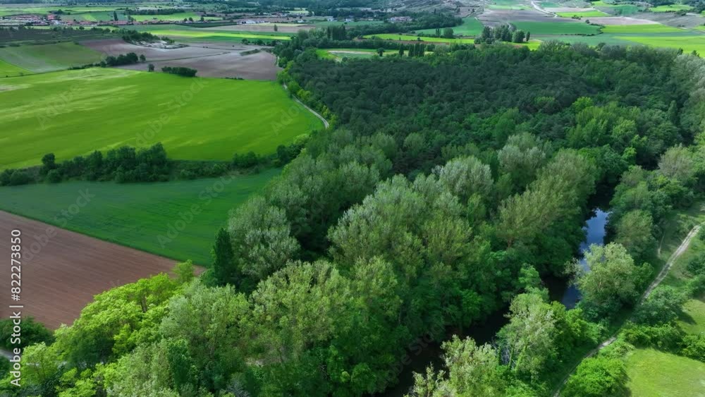 Spring landscape around the Roman bridge over the Nela river in Villarías. Aerial view from drone. Las Merindades region. Burgos. Castile and Leon. Spain. Europe Spring landscape around the Roman bridge over the Nela river in Villarías. Aerial view from drone. Las Merindades region. Burgos. Castile and Leon. Spain. Europe