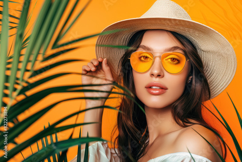 fashionable woman in hat and sunglasses among tropical plants, summer fashion concept 