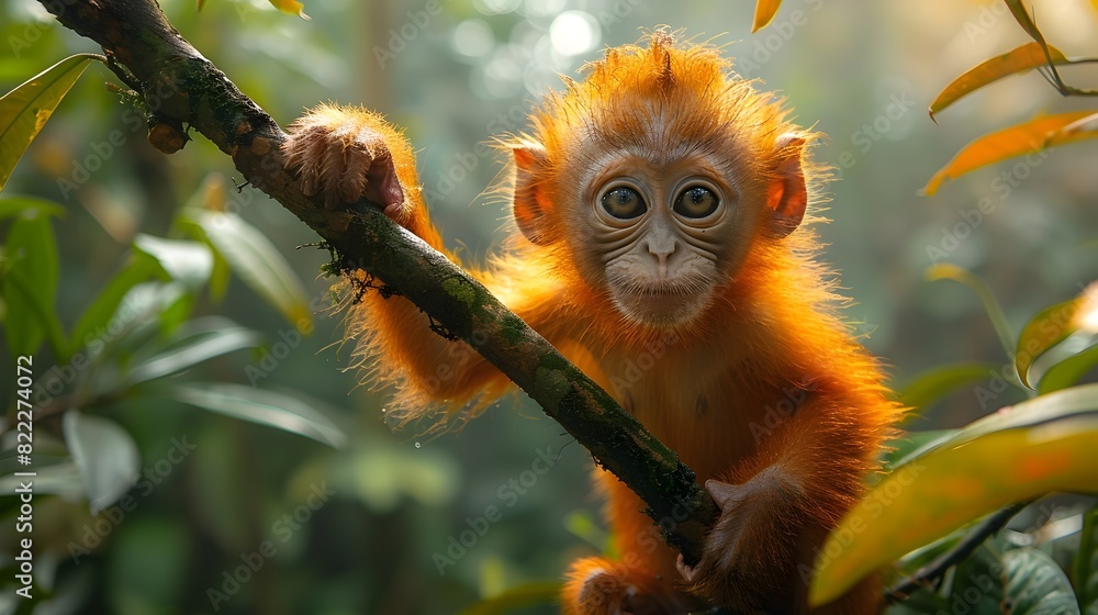 Fototapeta premium Mischievous Monkey Swinging Through the Lush Jungle Canopy
