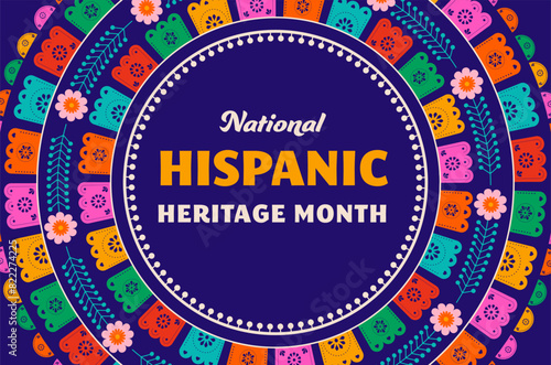 National hispanic heritage month celebration. Background, banner and card with flowers. Geometric colorful concept design floral pattern