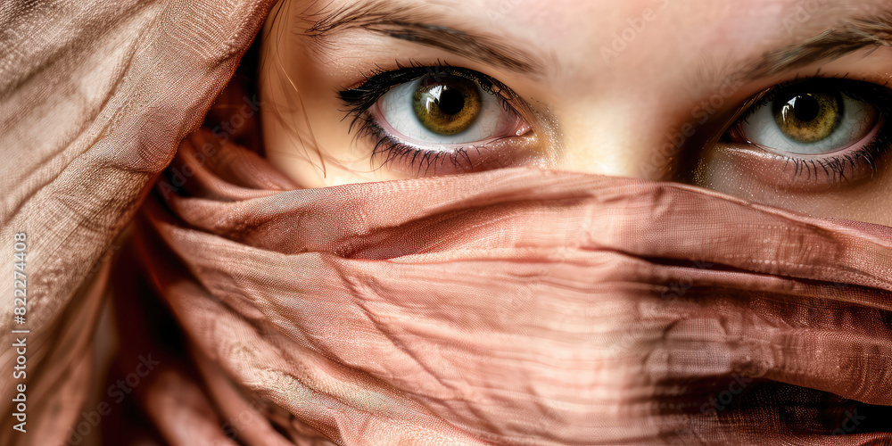 Woman with her face hidden by a thin cloth. Anonymity, a girl hide her face with a fabric.
