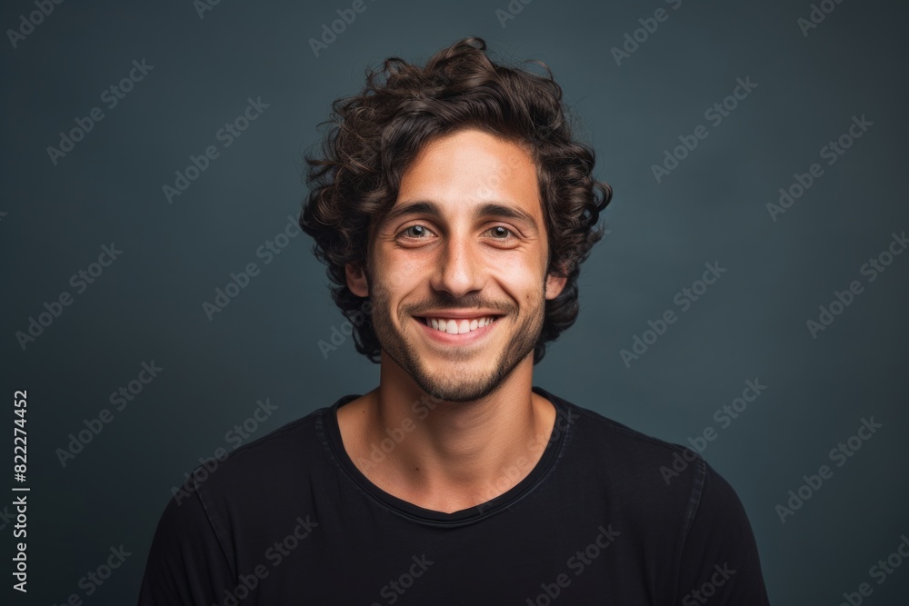 Fototapeta premium Portrait of a grinning man in his 20s smiling at the camera in blank studio backdrop