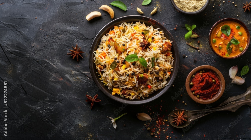 custom made wallpaper toronto digitalTop view of Indian biryani with basmati rice and spices, using the rule of thirds, with ample copy space