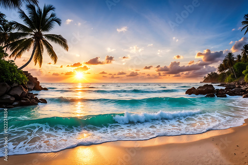 Beautiful tropical seaside in sunset, serene atmosphere, gentle sunlight photo