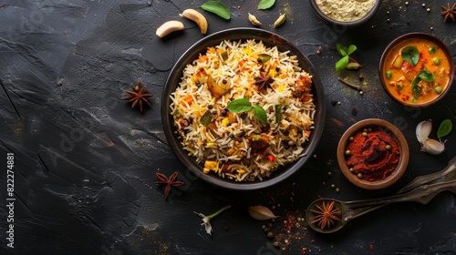 Top view of Indian biryani with basmati rice and spices, using the rule of thirds, with ample copy space