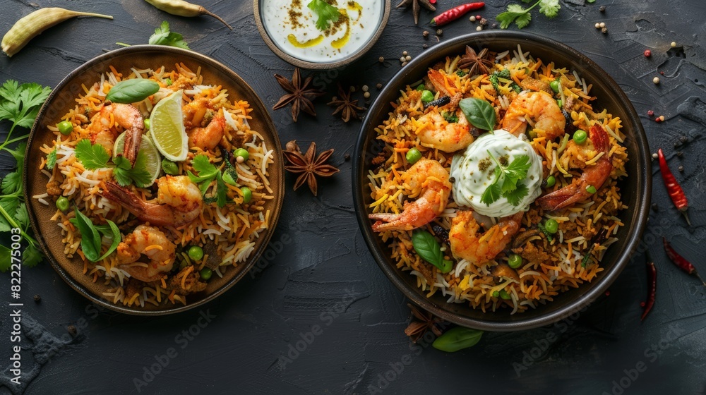 Top view of Indian biryani with raita, using the rule of thirds, with ample copy space, aromatic and spicy, high-quality image