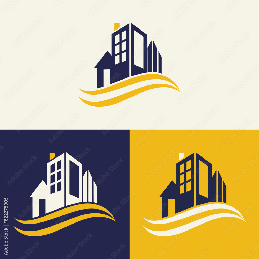 Fototapeta premium real estate logo design featuring blue and yellow colors with silhouette buildings in the background