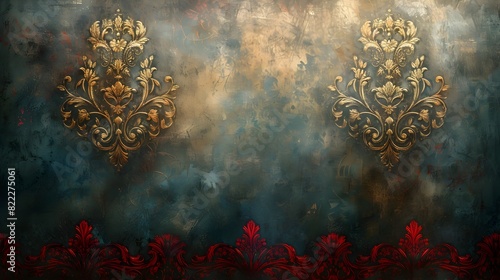 Ornate Baroque Wallpaper with Luxurious Golden Damask Pattern and Mystic Atmospheric Ambiance