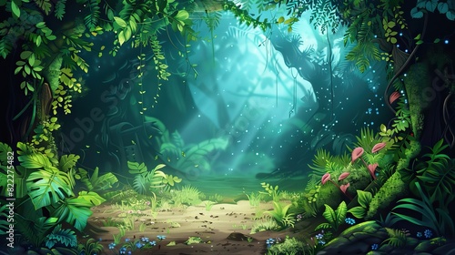 Fototapeta Naklejka Na Ścianę i Meble -  illustration of a magical jungle with a fantasy background in the style of a cartoon
