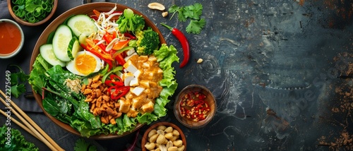 Top view of Indonesian gado-gado with peanut sauce, using the rule of thirds, with ample copy space