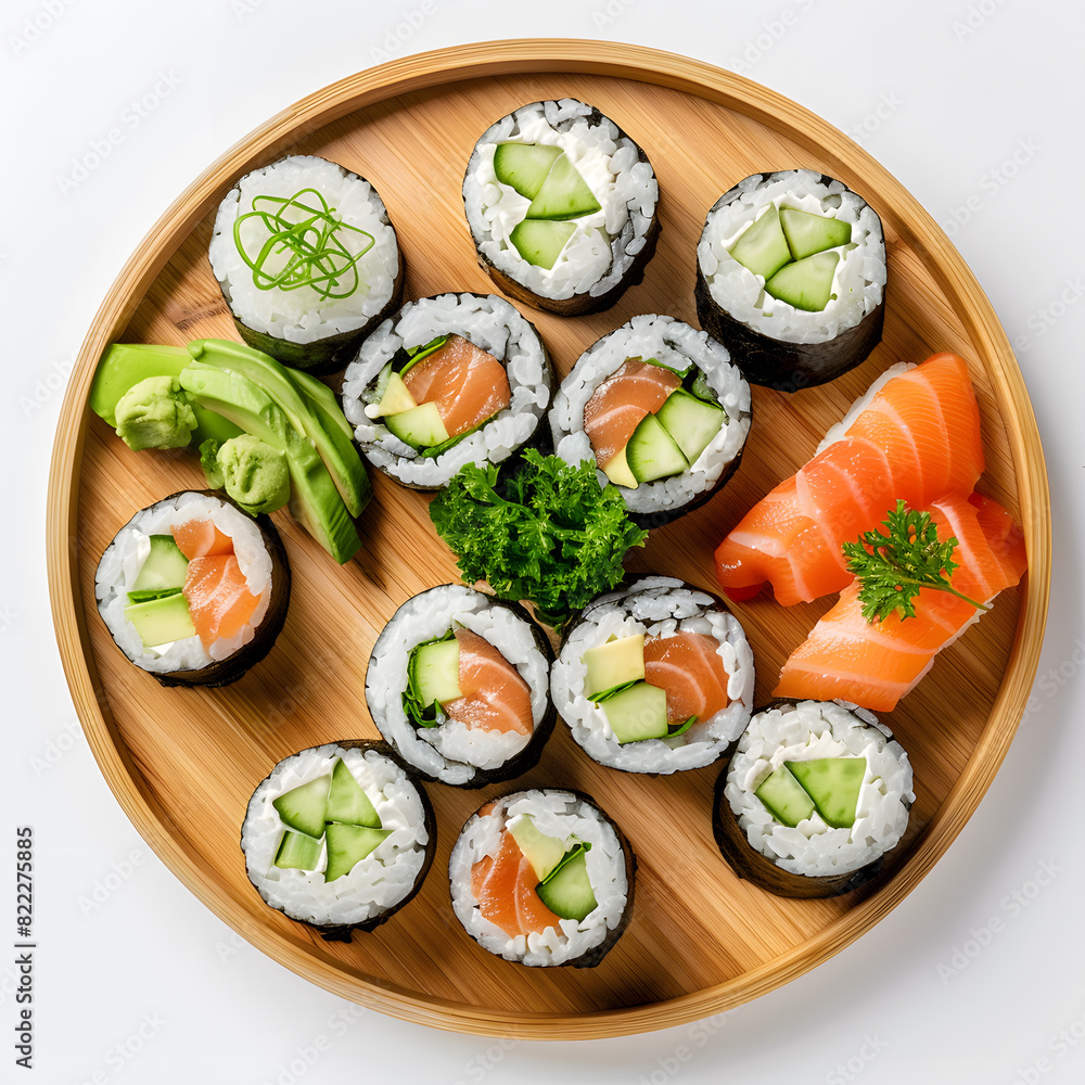 Sushi with salmon, cucumber, avocado on bamboo plate top view isolated on white background Sushi with salmon, cucumber, avocado on bamboo plate top view isolated on white background