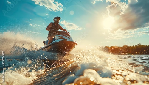 Man using a jet ski above a body of water, ideal for summertime holiday themes or recreational water activities against vibrant backdrop with text space, Generative AI.