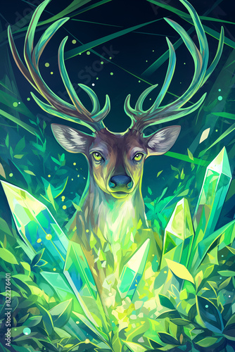 Cervo com cristais verdes - Arte para fundo de tela 